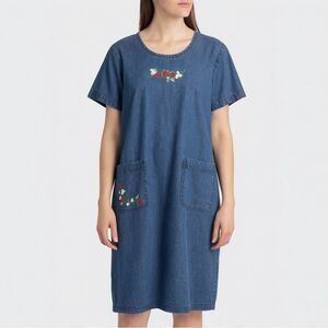 Vintage Blair Denim Dress Size Large Blue Embroidered Strawberry Cottagecore 90s